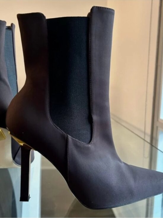 Khloe Kardashian Shoes - Khloe Kardashian-Good American “Kickstand” Ankle Boot-Brown Neo with Gold Heel